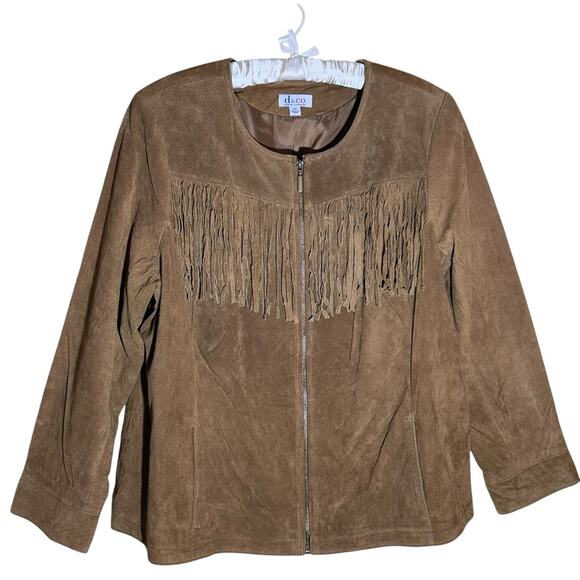 D&Co Denim & Company Women's Brown Suede Leather Zip Up Fringe Jacket Size 2X - Picture 1 of 14